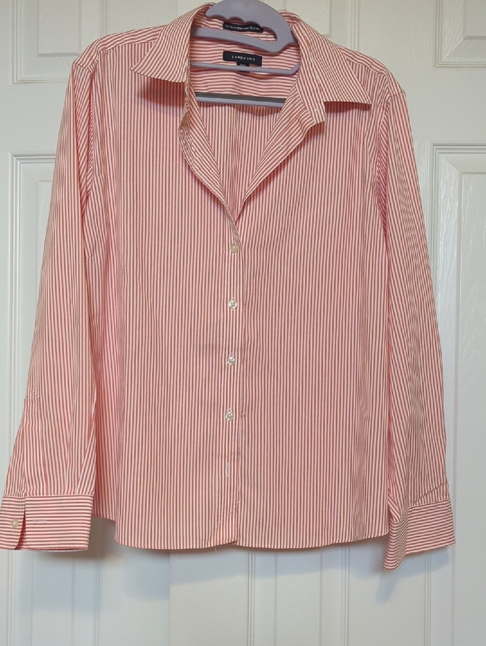 Land's End No-Iron Orange And White Striped Button Down Blouse Size 18P